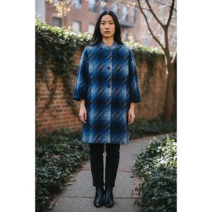 WORTH NWOT Blue Pixel Plaid Button Down Wool Blend Longline Coat S